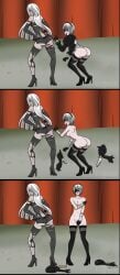 2girls ass breasts clothed_female_nude_female covering embarrassed embarrassed_nude_female enf female floonasif multiple_girls nier:_automata nude ripped_clothing spongebob_reference stage suddenly_naked tagme wardrobe_malfunction yorha_2b yorha_a2