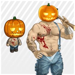 1boy abs absurdres arm_tattoo armpit_hair armpit_hair_peek axe bara bare_pectorals blood_on_pectorals bulge character_request cowboy_shot denim_overalls dickens_(ero_condo) ero_condo hairy halloween_costume highres holding holding_axe jack-o'-lantern_head kienbiu large_pectorals male_focus male_pubic_hair muscular muscular_male naked_overalls navel nipples official_alternate_costume overalls paid_reward_available pectorals penis penis_peek plump pubic_hair short_hair simple_background solo standing stomach tattoo thick_chest_hair