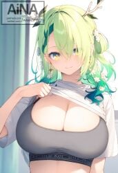 1girls ai_generated ainansfw breasts ceres_fauna cleavage green_hair hair_over_one_eye hololive hololive_english hololive_english_-council- hololive_english_-promise- horns large long_hair looking_at_viewer shirt_lift smile solo sports_bra virtual_youtuber vtuber watermark white_shirt yellow_eyes