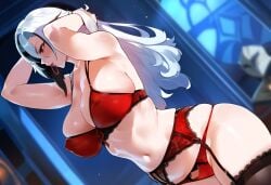 ai_generated arlecchino_(genshin_impact) garter_belt garter_straps genshin_impact henrik_n huge_breasts lingerie novelai solo thiccwithaq_(ai_style) thick_thighs tying_hair voyeur wide_hips