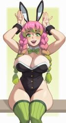 1girls black_bunnysuit bowtie breasts bunny_ears bunnysuit cleavage demon_slayer detached_collar fake_animal_ears female female_focus female_only green_eyes green_hair hourglass_figure kanroji_mitsuri kimetsu_no_yaiba leotard light-skinned_female long_hair looking_at_viewer multicolored_hair pale-skinned_female pale_skin pink_hair rizdraws slim_waist solo solo_female solo_focus source_request thick_thighs thighhighs thighs twin_braids two_tone_hair wide_hips wrist_cuffs year_request
