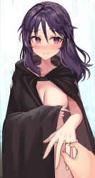 1girls black_cape black_cloak blush breasts cape cleavage cloak covering covering_breasts fault_milestone female marriage_proposal naked_cape naked_cloak nude pink_eyes proposal purple_hair ring ritona_reighnvhasta rum_raisin_(chihiromakita19) solo sweat wedding_ring