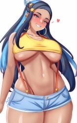 1girls alternate_breast_size anisdrawn big_breasts black_hair blue_eyes brown_skin cosplay crop_top dark-skinned_female dark_skin female gym_leader long_hair midriff misty_(pokemon)_(cosplay) nessa_(pokemon) nintendo pokemon pokemon_ss short_shorts shorts smile underboob