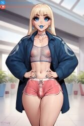 1futa ai_generated blonde_hair blue_eyes blue_lipstick earrings fishnet_topwear fishnets light-skinned_female light_skin lipstick necklace nipples sasakinsfw shorts solo solo_futa stable_diffusion