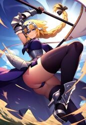 ai_generated armored_boots armored_dress battle blue_eyes fate/apocrypha fate_(series) jeanne_d'arc_(fate) jeanne_d'arc_(fate)_(all) single_braid stable_diffusion stockings