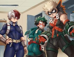 3boys abs abs_visible_through_clothing blush bulge clothed_male clothing fully_clothed hero_outfit_(mha) izuku_midoriya katsuki_bakugou looking_down male_only muscular_male my_hero_academia nipples nipples_visible_through_clothing shouto_todoroki tight_clothing wildmage