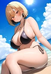 1girls ai_generated beach bikini blush breasts huge_breasts looking_at_viewer navel self_upload short_hair