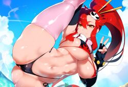 1girls ai_generated areolae ass bangs bikini black_gloves blue_sky blush breasts cameltoe closed_mouth cloud day depressu elbow_gloves female fingerless_gloves gloves hair_ornament hair_stick large_breasts leg_lift leg_up long_hair looking_at_viewer micro_bikini navel outdoors pink_legwear ponytail pussy red_hair shiny sidelocks skindentation skull_hair_ornament sky smile solo standing standing_on_one_leg standing_split stomach swimsuit tengen_toppa_gurren_lagann thighhighs thighs underboob v very_long_hair water yellow_eyes yoko_littner