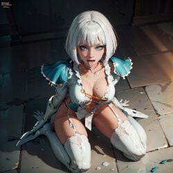 ai_generated big_breasts blue_eyes bukkake daddy_eros gloria_(devil_may_cry) gloves kneeling looking_at_viewer tanned_female tanned_skin thighhighs white_hair