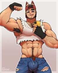 1boy armpit_hair bara beard_stubble big_bulge bulge clothing fenrir_(wolfshirtart) flexing_bicep hairy_chest huge_bulge looking_at_viewer looking_down looking_down_at_viewer low-angle_view male male_focus male_nipples male_only male_pubic_hair muscular muscular_male nipples ripped_clothing solo solo_male sweat sweating tight_clothing twitter_user_oc werewolf wolfshirtart