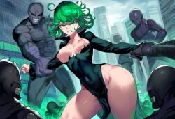 1girls ai_generated black_dress curvy defeat defeated defeated_heroine destroyed_building destroyed_city female green_hair imminent_rape imminent_sex monster multiple_boys novelai one-punch_man surrounded tatsumaki thick_thighs torn_clothes wide_hips