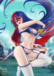 1girls alear_(female)_(fire_emblem) alear_(fire_emblem) bare_arms bare_shoulders blue_bra blue_eyes blue_hair blue_panties blue_sky bra commentary day female female_only fire_emblem fire_emblem_engage heterochromia highres holding holding_sword holding_weapon liberation_(fire_emblem) long_hair multicolored_hair nintendo open_mouth outdoors panties red_eyes red_hair revealing_clothes ryuuneart sky solo split-color_hair stockings suspenders sword thighhighs underwear underwear_only very_long_hair weapon white_thighhighs