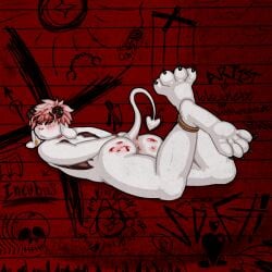 absurd_res anthro anus blood blood_on_butt blush blush_lines bodily_fluids bondage bondage bound cel_shading collar demon hi_res horn knife_play lagomorph leporid lolscarletxi lying male mammal on_front rabbit shaded solo spade_tail tail wings