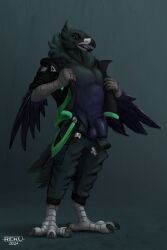 2024 absurd_res anthro arm_feathers artist_logo avian avian_feet balls beak bird blue_body blue_feathers clothed clothing corvid corvus_(genus) digital_media_(artwork) digitigrade feathers flaccid genitals green_body green_eyes green_feathers hand_in_pocket hi_res logo male oscine partially_clothed passerine pecs penis pockets qr_code raven reku_illustration removed_clothing solo standing