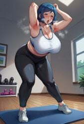 ai_generated aijuicer armpit_fetish armpits blue_hair exercise exercising gigantic_breasts green_eyes gundam gundam_build_fighters huge_breasts iori_rinko mature_female milf ponytail squatting thick_thighs thighs yoga_pants