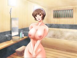 13cm 1girls bath breasts brown_hair brown_hair_female completely_naked completely_naked_female completely_nude completely_nude_female female female_only gigantic_breasts hot_spring huge_breasts maid_headdress massive_breasts mirror naked naked_female nipples nonomiya_momoko nude nude_female onsen pussy shimai_tsuma_3 short_hair shower solo_female steam