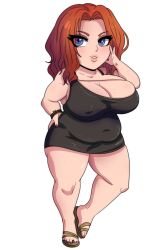 1girls ass bbw black_dress blush blush_lines bracelet breasts chibi chubby chubby_female dress eyeshadow fat_ass female freckled_skin freckles freckles_on_breasts freckles_on_face gift_art ginger ginger_hair hand_on_face hand_on_hip hand_to_face large_ass large_breasts medium_hair mia_(voidnimbus) minidress original original_character painted_nails painted_toenails pink_eyeshadow plump red_hair sandals shoulder_length_hair solo thick thick_thighs toeless_footwear trash-muffin venus_body white_background