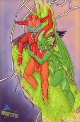 absurd_res arm_around_waist armpit_hair bat_wings body_hair clock duo ear_piercing entangled erection feathered_wings feathers foreskin fur genitals green_body green_skin hair hi_res high-angle_view horn humanoid humanoid_pointy_ears imp jewelry licking looking_at_viewer lying magic magic_user male male/male markings mask membrane_(anatomy) membranous_wings necklace nipple_piercing nipple_ring nipples orange_body orange_fur orange_hair penis piercing plant red_body red_skin ring ring_piercing simon_crawford simple_background tail tongue tongue_out tuft vines watch welkin_(wispypie) wings wispypie