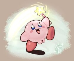 artist_logo blue_eyes blush casual female footwear genitals hi_res kirby kirby_(series) logo nintendo nudist open_mouth pink_body plump_labia pussy raised_leg signature simple_background smile solo star_rod tongue waddling_head wand weird wolps