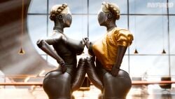 2futas atomic_heart ballerina balls blonde_hair frottage futanari hand_on_hip huge_cock indoors inkfun3d intersex jacket left_(atomic_heart) metallic_body penis right_(atomic_heart) robot standing tagme the_twins_(atomic_heart) window window_light