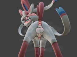 animal_genitalia animal_penis anus backsack balls bedroom_eyes black_nose blue_eyes blush bodily_fluids bow_(anatomy) canine_genitalia canine_penis cute_fangs eeveelution feral fur generation_6_pokemon genital_fluids genitals hair_bow_(anatomy) hi_res kemocha knot_in_sheath looking_at_viewer looking_back looking_back_at_viewer looking_down looking_down_at_viewer low-angle_view male musk musk_clouds narrowed_eyes nintendo penis perineum pink_body pink_fur pokemon pokemon_(species) poking_out precum precum_string presenting presenting_anus raised_tail rear_view ribbons_(anatomy) seductive sheath smile smiling_at_viewer smug_face solo spread_legs spreading sylveon tail white_balls white_body white_fur wide_stance