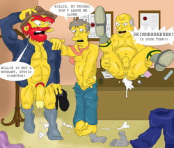 3boys after_sex barefoot beard boner bottomless cum cum_drip cum_in_ass cum_inside cum_leaking cum_on_floor cum_puddle erection facial_hair flaccid foreskin gaping_anus gray_hair groundskeeper_willie holding_hat holding_penis human large_penis leaking_anus legs_held_open male male_only multiple_males mustache naked_footwear necktie on_desk open_shirt pants_down pants_removed partially_retracted_foreskin penis power_bottom presenting_ass red_hair seriousmonkey seymour_skinner socks socks_and_shoes spread_legs superintendent_chalmers taking_turns text the_simpsons topless uncut unibrow