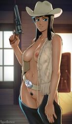 1girls belt big_breasts black_hair blue_eyes casual chaps clothing cowboy_hat cowboy_shot cowgirl cowgirl_hat cowgirl_outfit female female_only firearm gun handgun holding_gun human long_hair looking_at_viewer miss_all_sunday nico_robin nipple one_piece oppaiserothicc pale_skin pre-timeskip pubic_hair pussy removing_clothing revolver saloon solo stripping tanned tanned_female tanned_skin vest weapon