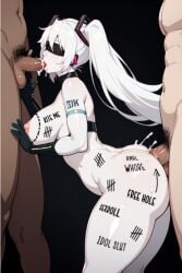 1girls 2boys ai_generated anal anal_sex ass blowjob body_writing cum cum_in_ass ejaculation erection fellatio hatsune_miku nier:_automata nipples nude penis pubic_hair sex spitroast tally_marks testicles uncensored vocaloid yorha_2b_(cosplay)