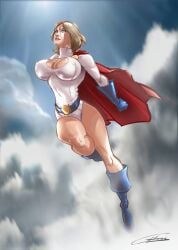 1girls 2d alien alien_girl athletic athletic_female belt big_breasts blonde_female blonde_hair blonde_hair_female blue_belt blue_boots blue_eyes blue_gloves blue_sky boob_window boot boots breasts cape cleavage_cutout cleavage_window clothed clothing cloud clouds cloudy_sky dc dc_comics exposed_legs female female_focus female_only fist fists_clenched flight flying fully_clothed gilmec gloves kara_zor-l karen_starr knee_up kryptonian large_breasts legs leotard light looking_away looking_up mantle nipple_bulge nipple_outline one_female one_girl power_girl red_cape revealing_clothes round_breasts sky solo sun sun_rays sunlight super_heroine superhero superheroine superman_(series) thick_ass thick_legs thick_thighs thighs tight_clothing white_leotard white_skin