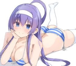 1girls ahoge arm_support ass ass_cleavage bare_shoulders big_ass big_breasts bikini blue_bikini blue_eyes blue_hair blush breasts busty butt_crack confident feet front-tie_bikini_top front-tie_top highres large_breasts legs long_hair looking_at_viewer lying on_stomach orie_ballardiae pose posing sensual side-tie_bikini_bottom simple_background smile solo striped_bikini striped_clothes swimsuit tabii the_pose thick_thighs thighhighs thighs under_night_in-birth white_background white_bikini