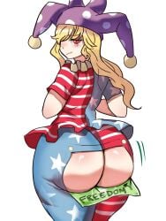 :3 ass_focus banknote bare_ass clownpiece english_text huge_ass huge_thighs large_ass looking_back object_between_ass rear_view smug text thick_ass thick_thighs touhou wide_hips ytrall