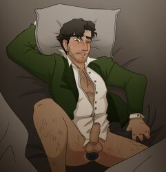 anal anal_insertion anal_masturbation bed bedsheets biting_lip blush buttplug clothed formal_clothes formal_wear hairy masturbation oc partially_clothed scar scar_on_face scars solo solo_focus solo_male stubble sweating vibrating_buttplug vibrator vibrator_in_ass