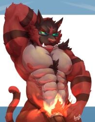 2022 abs absurd_res anthro arebeano basco_(tehbasco) chest_tuft clothed clothing eyewear fire fur generation_7_pokemon glasses green_eyes hand_behind_head hi_res incineroar looking_at_viewer male muscular muscular_anthro muscular_male nintendo nipples pecs pokemon pokemon_(species) red_body red_fur signature simple_background solo tail tuft underwear