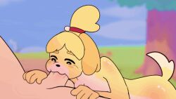 animal_crossing animal_ear_fluff animal_genitalia animal_pussy animated blowjob canine cross_species cum cumshot deepthroat dog_ears dog_girl dog_tags dog_tail furry furry_female furry_tail isabelle_(animal_crossing) species_request