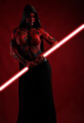 1girls 3d alien alien_girl alien_only artist_request breasts clothes color darth_maul exposed_breasts female female_only front_view genderswap genderswap_(mtf) holding_sword holding_weapon hood humanoid lightsaber looking_at_viewer medium_breasts navel nipples partially_clothed photorealism red_light red_lightsaber red_skin rule_63 science_fiction skirt solo standing star_wars stomach sword tattoo topless topless_female weapon zabrak