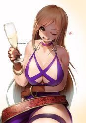 1girls bare_shoulders big_breasts blonde_hair bonne_jenet breasts busty cleavage cocktail_dress cowboy_shot cup dress drinking_glass fatal_fury female female_only fingerless_gloves garou:_mark_of_the_wolves gloves halter_dress halterneck heart huge_breasts king_of_fighters king_of_fighters_xv one_eye_closed open_mouth purple_dress shadow snk white_background wine_glass yotastar