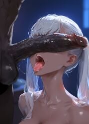 1girls ai_generated big_penis black_clover black_penis cant_see_the_haters dark-skinned_male dark_skin defeated faceless_male fringe hi_res huge_cock interracial kneeling large_penis light-skinned_female mirham noelle_silva penis_covering_eyes penis_on_face penis_over_eyes precum saliva saliva_trail silver_hair submissive submissive_female tongue tongue_out twintails wet wet_dick wet_penis