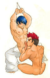 2boys ass bara black_and_red_hair blank_background blue_hair erect erect_penis erection fatal_fury garou:_mark_of_the_wolves gay kim_dong_hwan kim_jae_hoon king_of_fighters kissing_penis male male/male male_only muscular muscular_male nipples pants_open simple_background sitting snk spread_legs spreading tagme video_games white_background white_pants yaoi