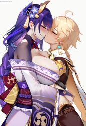 1boy 1girls aether_(genshin_impact) ai_generated big_breasts dasein holding kissing long_hair mihoyo raiden_shogun sex straight taller_girl