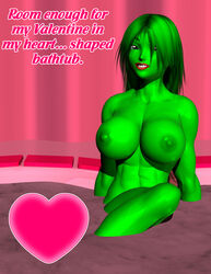 1girls 3d 3d_(artwork) abs big_breasts breasts green_hair green_skin huge_breasts hulk_(series) large_breasts marvel marvel_comics muscular muscular_female nipples nude sailmaster-seion she-hulk tagme text tub valentine's_day