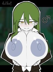 1girls alternate_version_available blush blush_lines breasts brown_pants brown_suit collared_shirt colored_nipples colored_skin grabbing_own_breasts green_hair holding_own_breasts huge_breasts kenkop lobotomy_corporation long_hair looking_at_viewer male_symbol netzach netzach_(project_moon) nipples open_shirt project_moon solo suit unshaded upper_body wavy_mouth white_shirt white_skin yellow_eyes