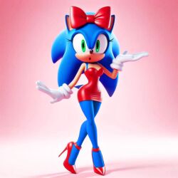 after_transformation ai_generated bow cocktail_dress edited female feminine_pose high_heels miniskirt mtf_transformation rule_63 sonic_(series) sonic_the_hedgehog sonic_the_hedgehog_(series) sonique_the_hedgehog surprised