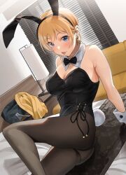 :p animal_ears arm_support bag black_bow black_bowtie black_pantyhose blonde_hair blush bow bowtie breasts detached_collar dutch_angle fake_animal_ears female gal_girlfriend_(tipii) highres indoors large_breasts looking_at_viewer on_bed original pantyhose playboy_bunny rabbit_ears rabbit_tail school_bag sitting solo tail tipii tongue tongue_out window_blinds