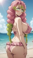 ai_generated ass beach bikini blush braid covered_nipples demon_slayer frilled_bikini from_behind green_eyes gumi_arts huge_breasts kanroji_mitsuri kimetsu_no_yaiba looking_at_viewer looking_back multicolored_hair ocean outdoors pink_hair smile stable_diffusion sunlight