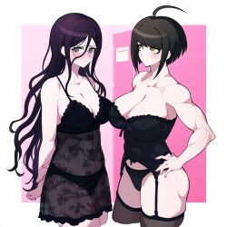 ai_generated artist_request bustier corset danganronpa danganronpa_ultra_despair_girls fukawa_touko garter_straps huge_breasts large_breasts lingerie muscular muscular_female naegi_komaru novelai stockings