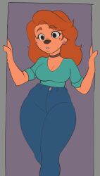 1girls anthro arms_up black_eyes black_nose blue_legwear blue_pants breasts choker cleavage disney doggirl doorframe earrings eyebrows eyelashes female ginger ginger_hair goof_troop green_clothing green_shirt green_topwear jeans medium_hair mole mole_under_eye orange_hair pink_earrings red_head roxanne_(goof_troop) shoulder_length_hair shybred solo tucked_shirt