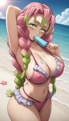 1girls ai_generated arm_behind_head armpits beach bikini blush braid cleavage covered_nipples demon_slayer female female_only frilled_bikini green_eyes gumi_arts half-closed_eyes huge_breasts ice_cream ice_cream_on_breasts kanroji_mitsuri kimetsu_no_yaiba multicolored_hair navel ocean outdoors pink_hair provocative solo stable_diffusion sucking_ice_cream sunlight wide_hips