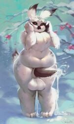 anthro blush bodily_fluids cum dungeons_and_dragons ejaculation genital_fluids green_eyes guppic hasbro herm hi_res intersex owlbear shy solo white_body wizards_of_the_coast