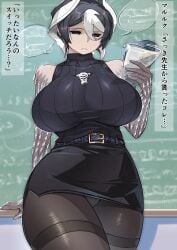 alternate_costume big_breasts black_and_white_hair black_eyes blackboard body_markings classroom curvy female female_only fully_clothed hair_between_eyes half-closed_eyes hi_res hourglass_figure huge_breasts japanese_text kingofbandit156 made_in_abyss mature mature_female miniskirt ozen pantyhose pencil_skirt reading ribbed_sweater shaded_face short_hair sleeveless solo sweater teacher thighband_pantyhose turtleneck two_tone_hair upskirt wide_hips