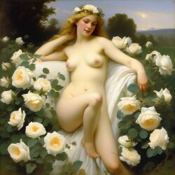 ai_generated belly blonde_hair blue_eyes breasts curly_hair curvy female flower flowers lips long_hair medium_breasts navel nipples nude presenting realistic rose_(flower) smile solo white_rose william_bouguereau